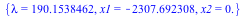 {lambda = 190.1538462, x1 = -2307.692308, x2 = 0.}